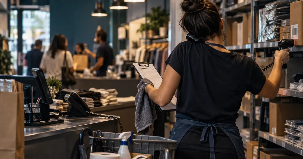 Trabalhadora executa várias atividades simultaneamente no ambiente de trabalho