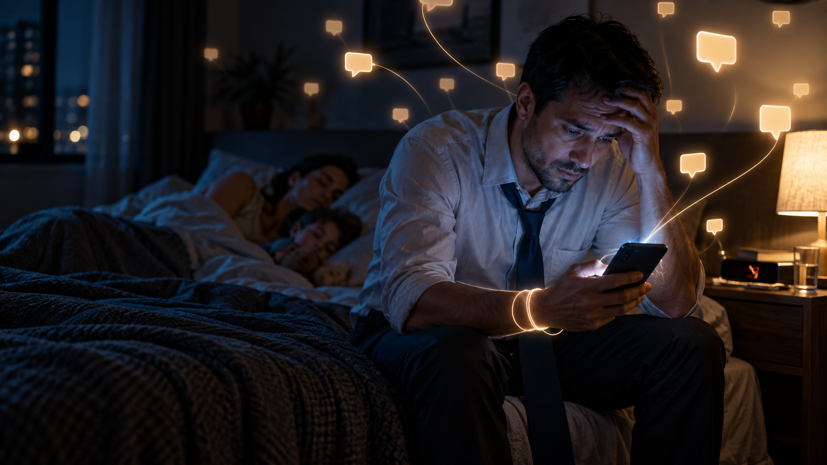 Trabalhador cansado atendendo mensagens profissionais pelo celular durante o período de descanso