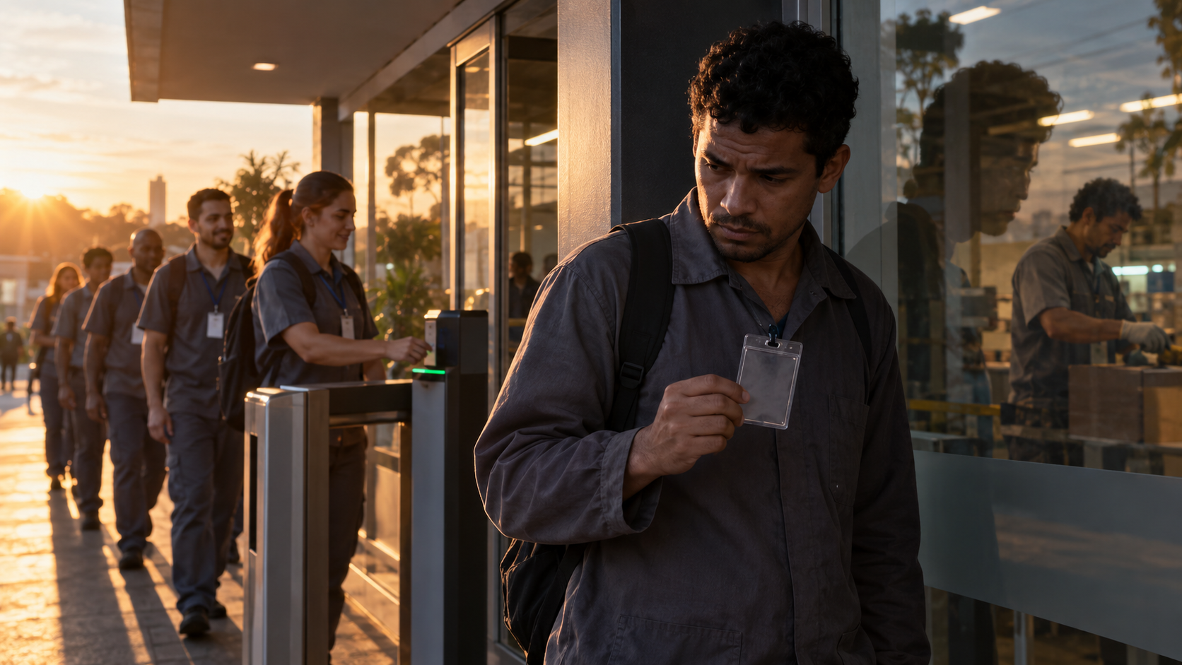 Trabalhador sem registro formal enquanto outros empregados acessam o local de trabalho com crachá